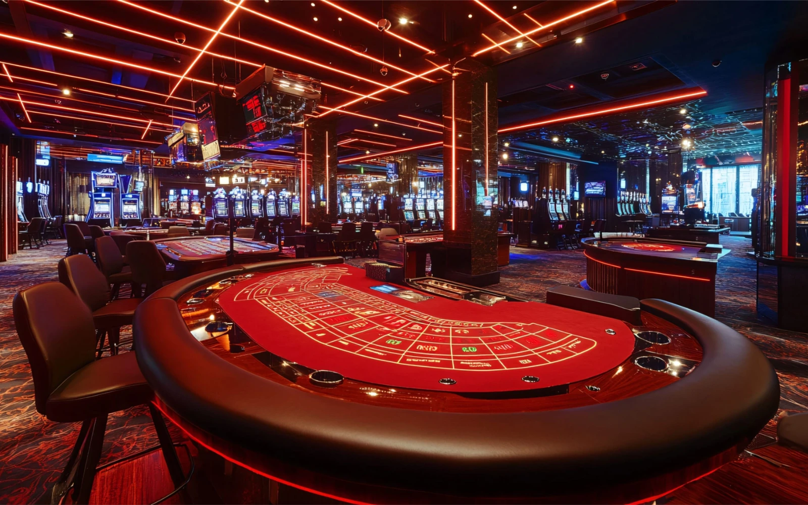 Tampilan ruang permainan meja dengan kartu dan chip digital